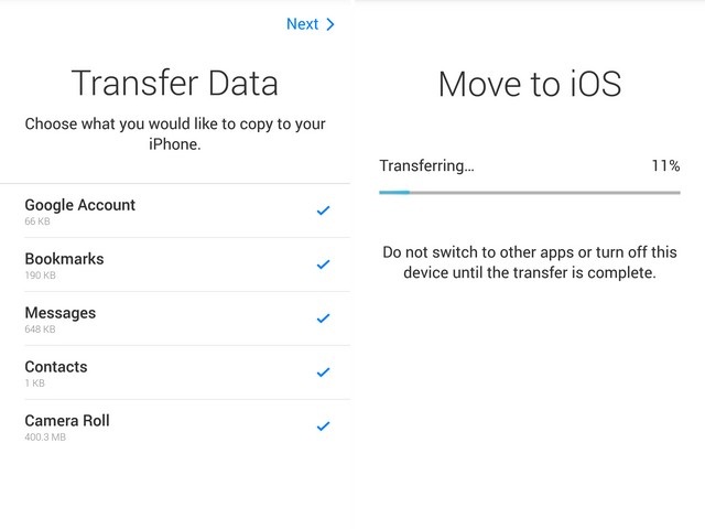 select the data you want to transfer