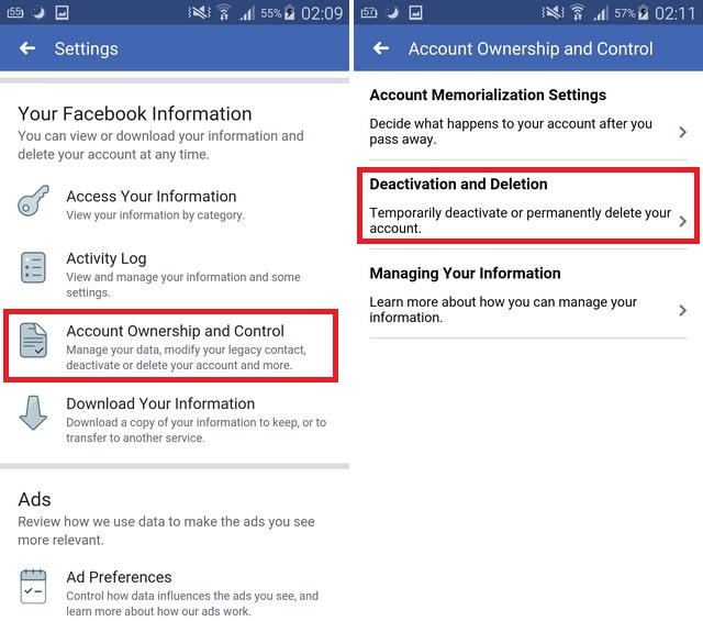 Delete Facebook Account on Android