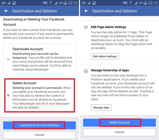 Delete Facebook Account on Android Phone
