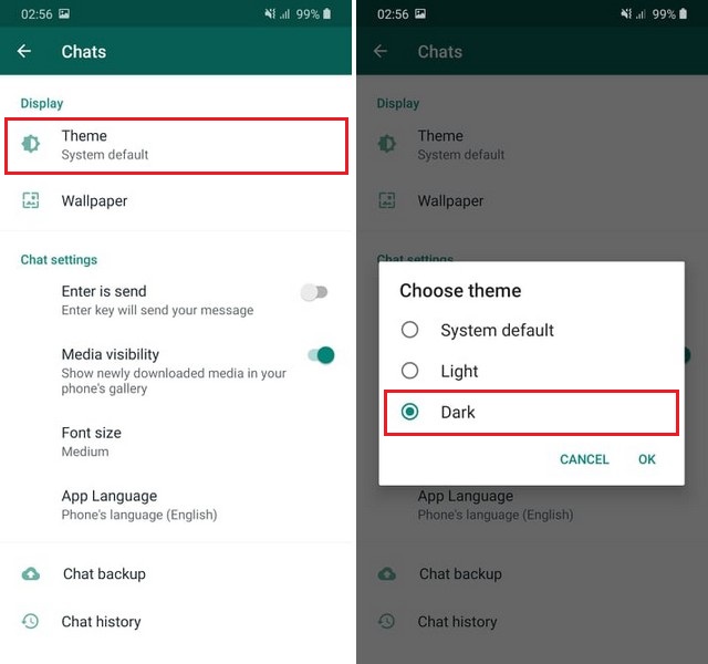 Enable dark mode in WhatsApp