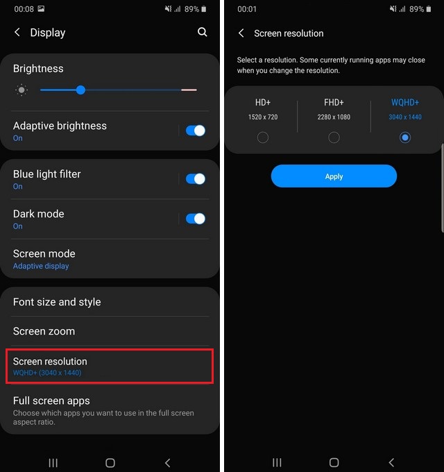 Screen resolution on Samsung Galaxy S10