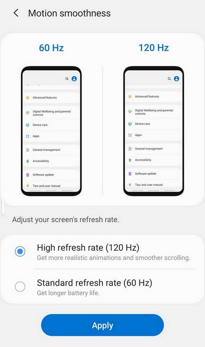 Change Refresh Rate to 120Hz on Samsung S20