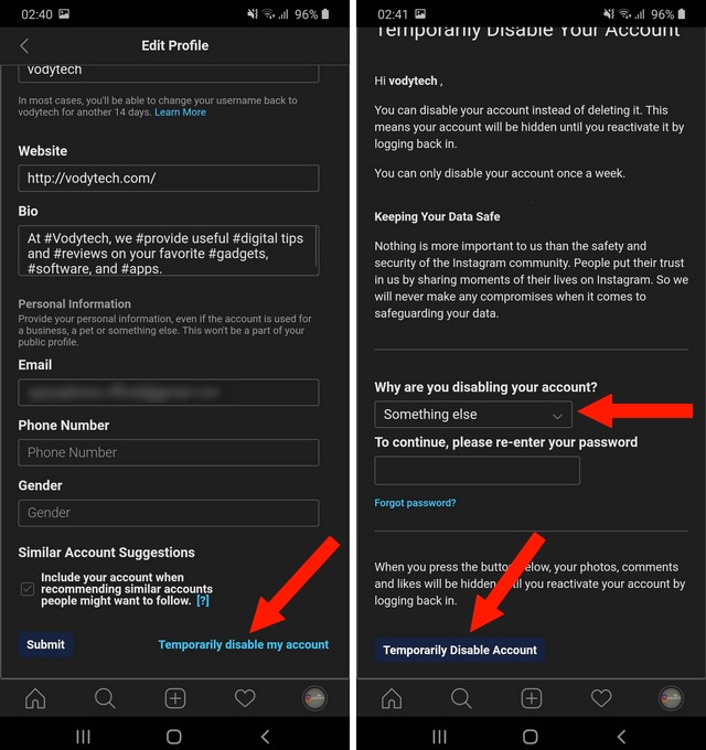 Temporarily disable Instagram Account