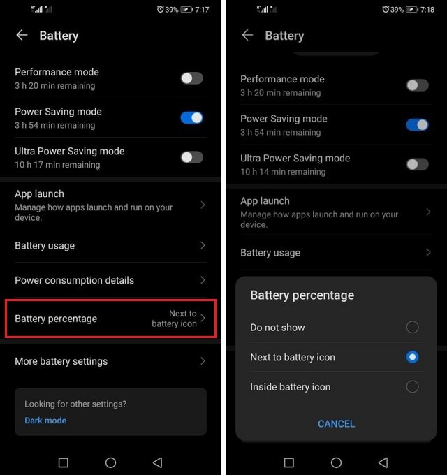 Battery Percentage on Huawei P30 Pro