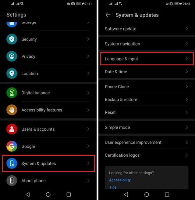 Settings app on Huawei P30 Pro