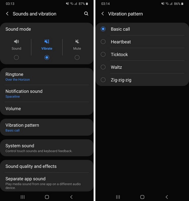 Vibration settings on the Samsung Galaxy S10