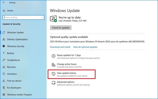 View Update History Windows 10