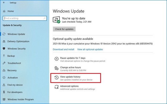 View Update History Windows 10