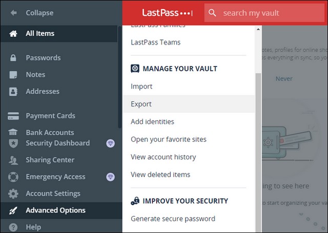 Export your LastPass Data from LastPass Website
