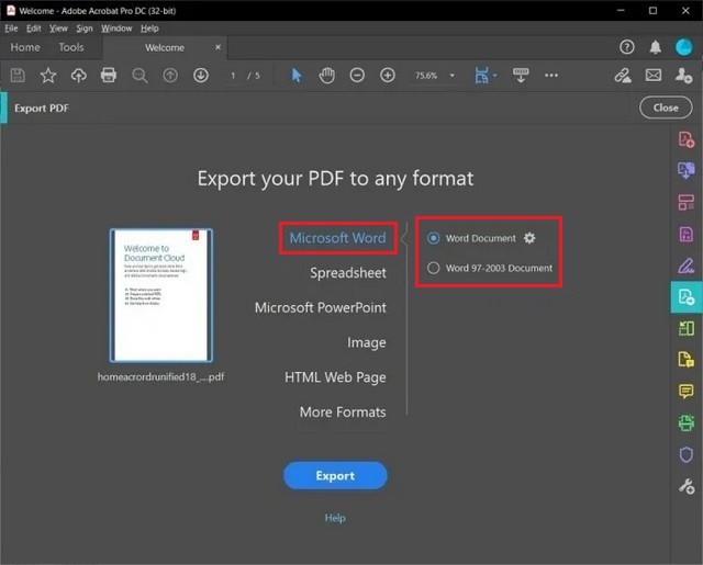 PDF to a Microsoft Word Document