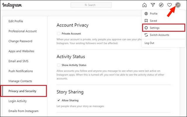 Privacy and Security section Instagram