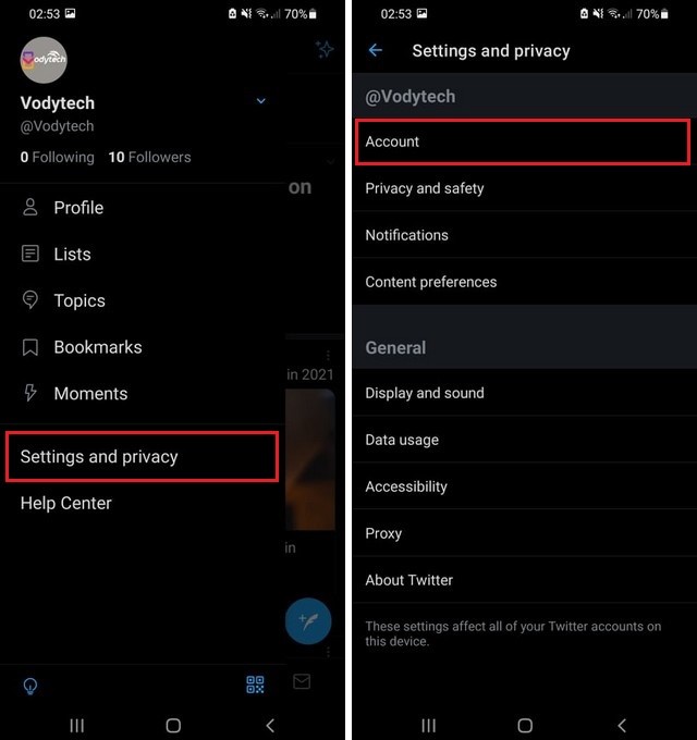 Settings and Privacy Section Twitter