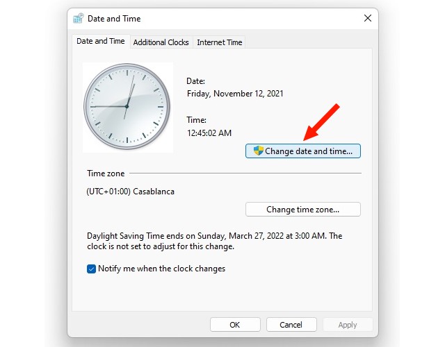 Click on change date and time