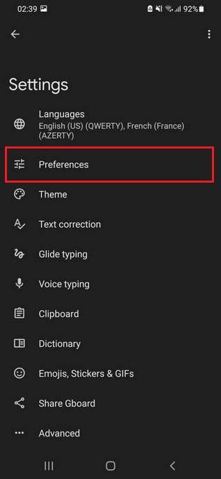 Preferences section