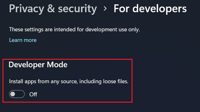 Disable Developer Mode on Windows 11