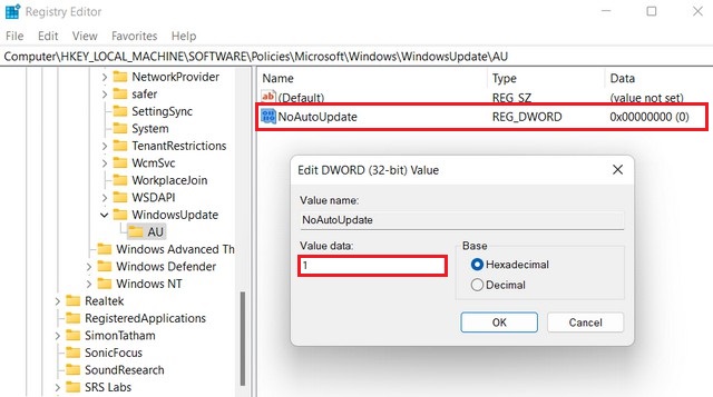 Disable automatic updates on Windows 11 from Registry