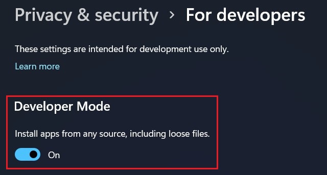 Enable Developer Mode in Windows 11