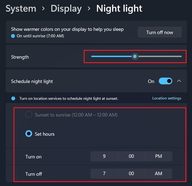 Night light setting