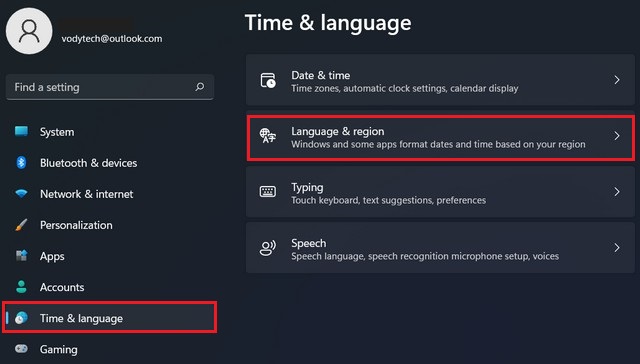 Time & Language option