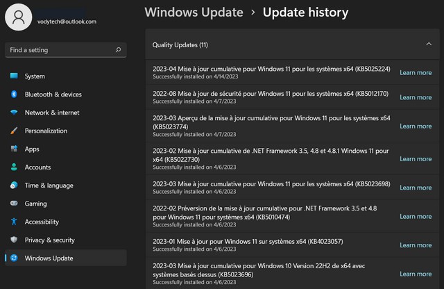 Просмотр истории обновлений в Windows 11