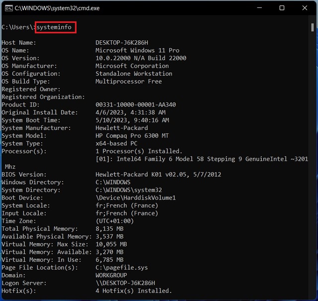 Check computer specs from Command Prompt