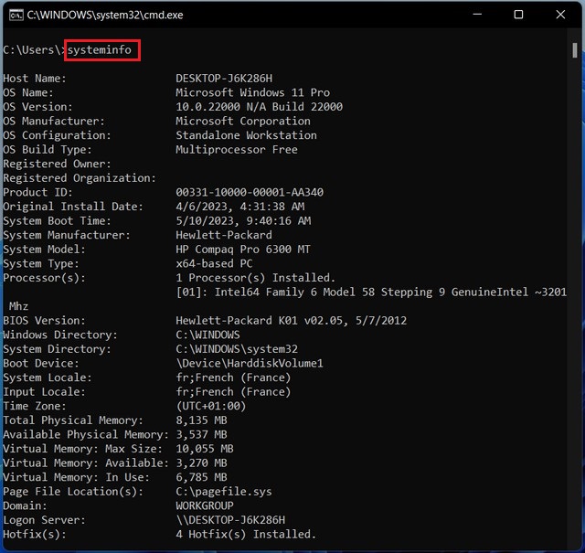 Check computer specs from Command Prompt