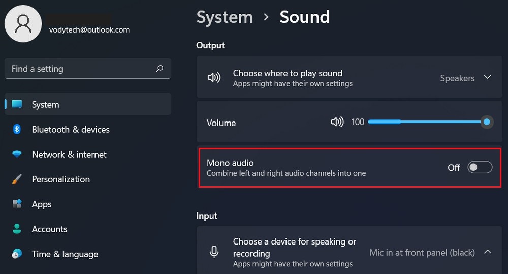 Отключить монофонический звук в Windows 11