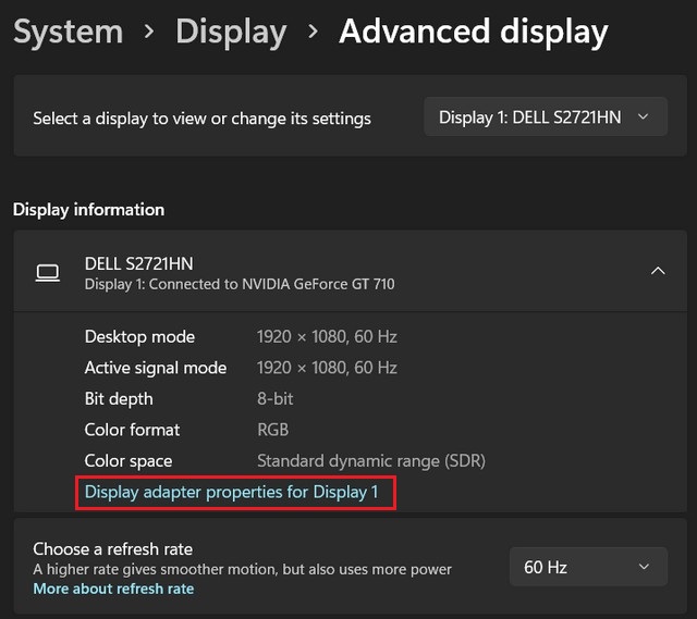 Display adapter properties for Display