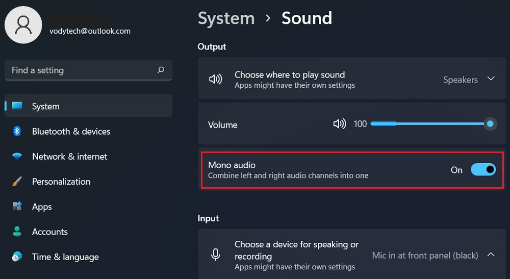 Включить монофонический звук в Windows 11