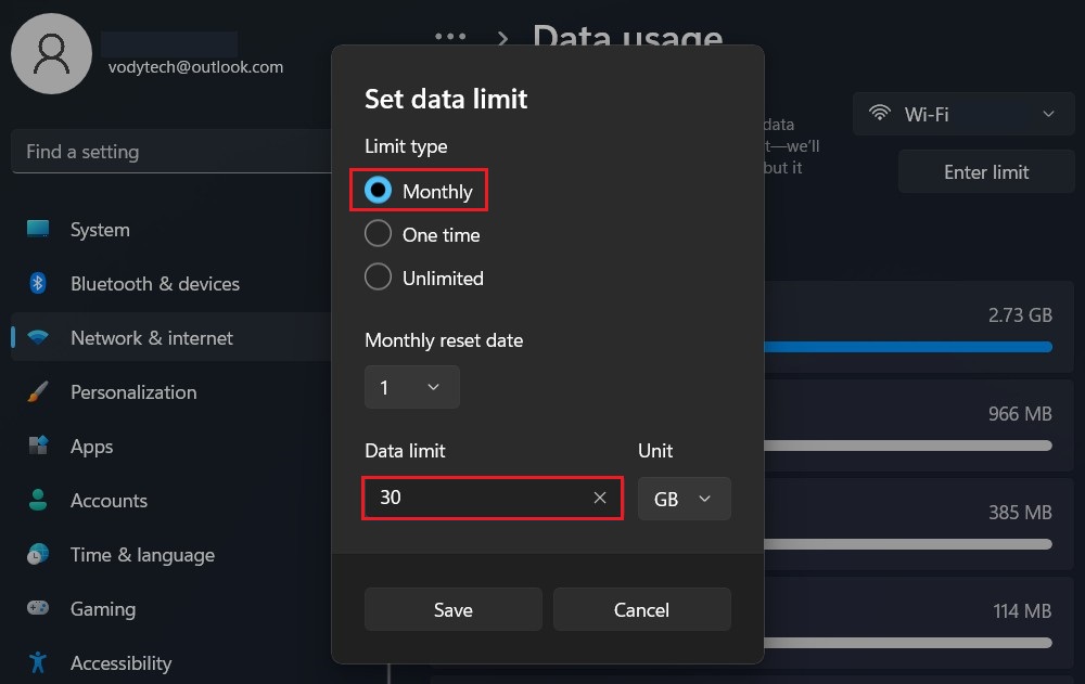 How to configure data usage limit on Windows 11