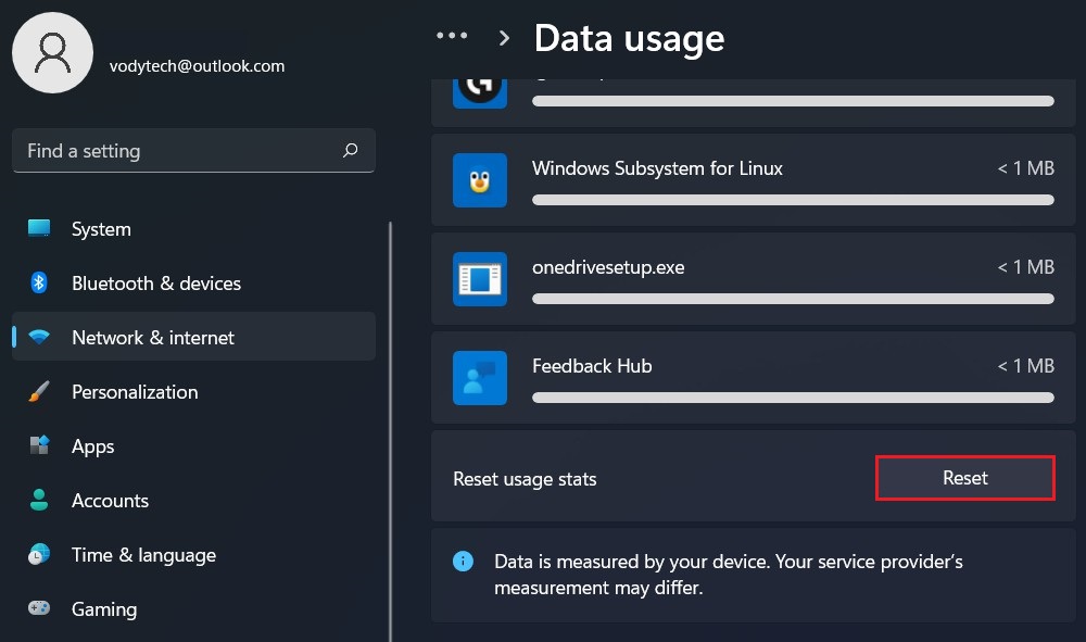 How to reset data usage on Windows 11