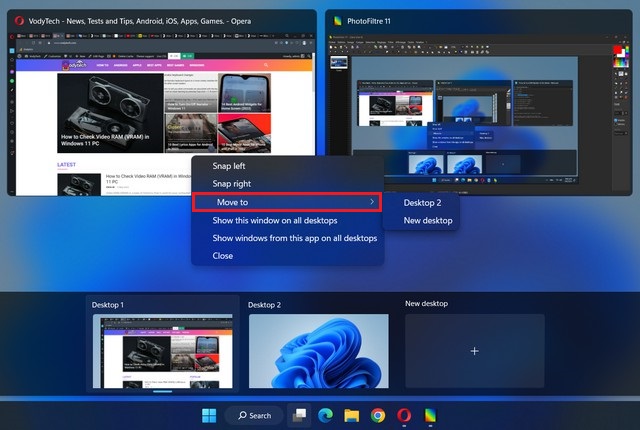 Переместить приложение на другой виртуальный рабочий стол в Windows 11