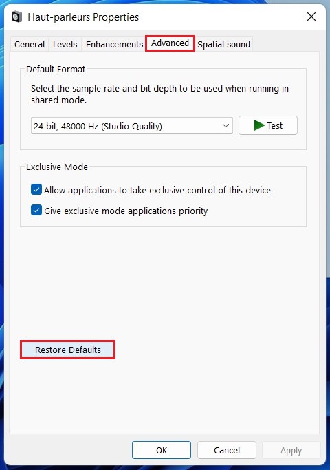 Reset advanced audio settings