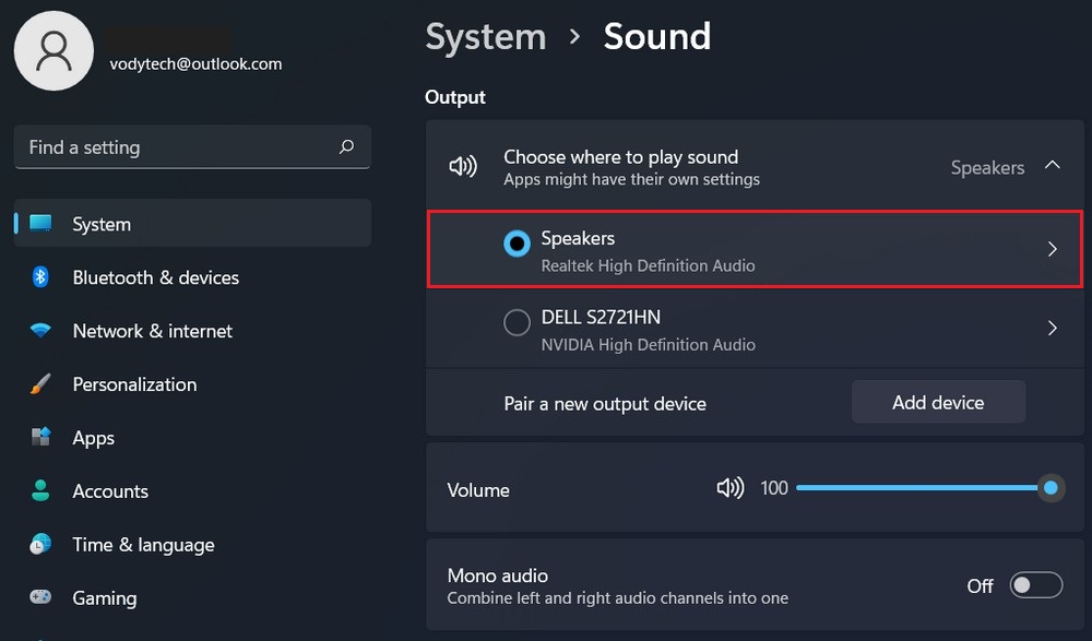 Select your audio output device