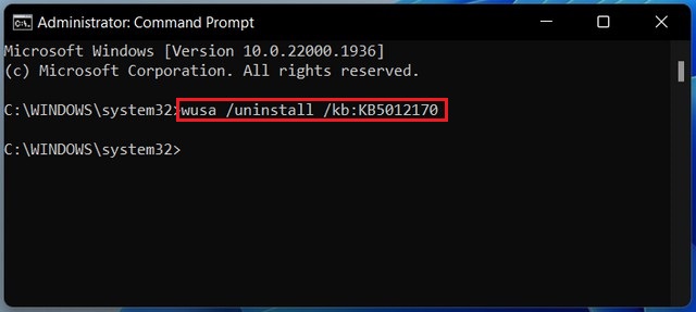 Uninstall update on Windows 11 with Command Prompt