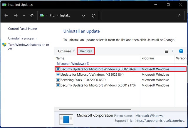 Uninstall update on Windows 11