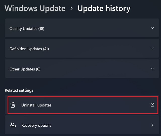 Uninstall updates option