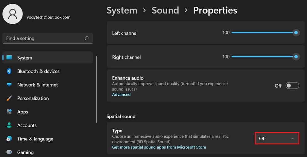 Disable spatial sound on Windows 11