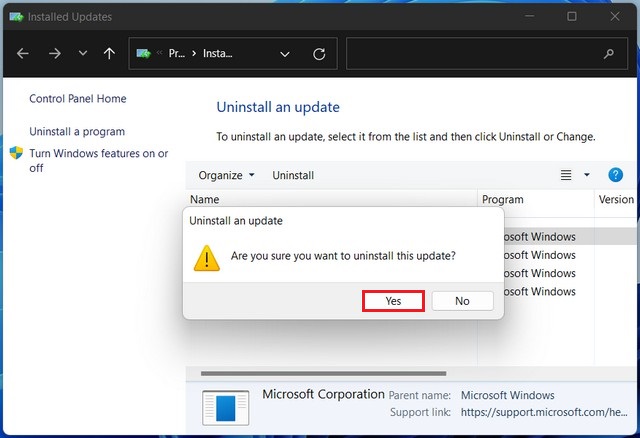 uninstall an update on Windows 11