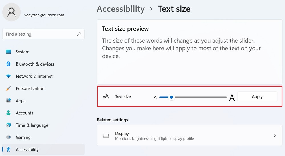 Change display font size on Windows 11