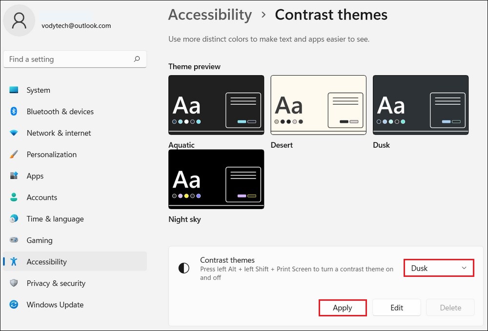 Enable Dark Mode from Contrast themes