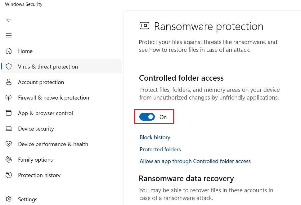 Enable Ransomware Protection on Windows 11