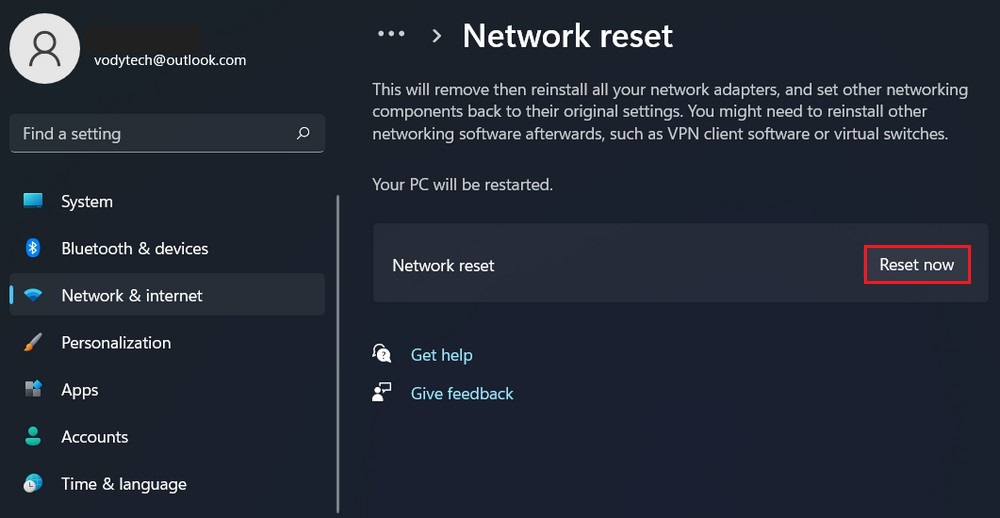 Network reset option