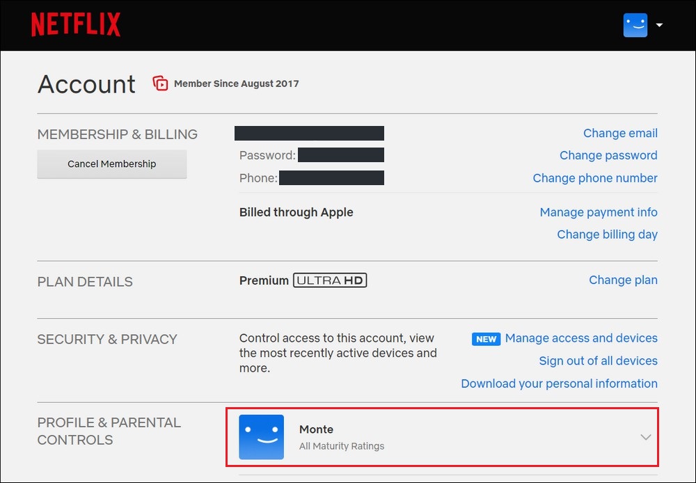 Profile & Parental Controls section