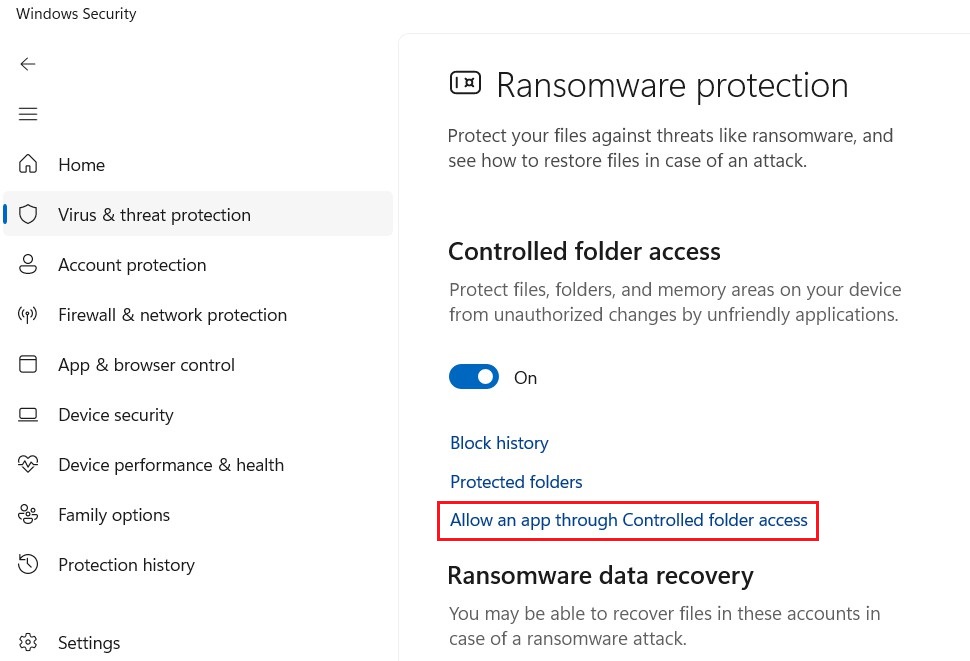 Ransomware Protection setting