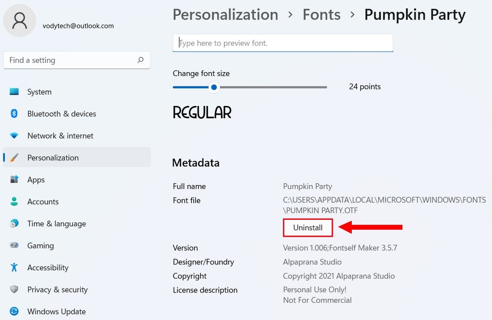 Uninstall Fonts in Windows 11